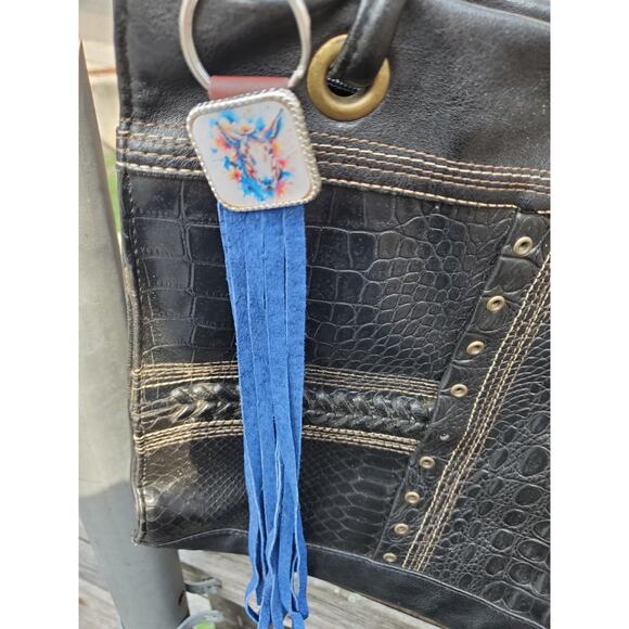 Handmade mule lover boho Leather Fringe Western bag charm, Long fringe keychain - Picture 3 of 4